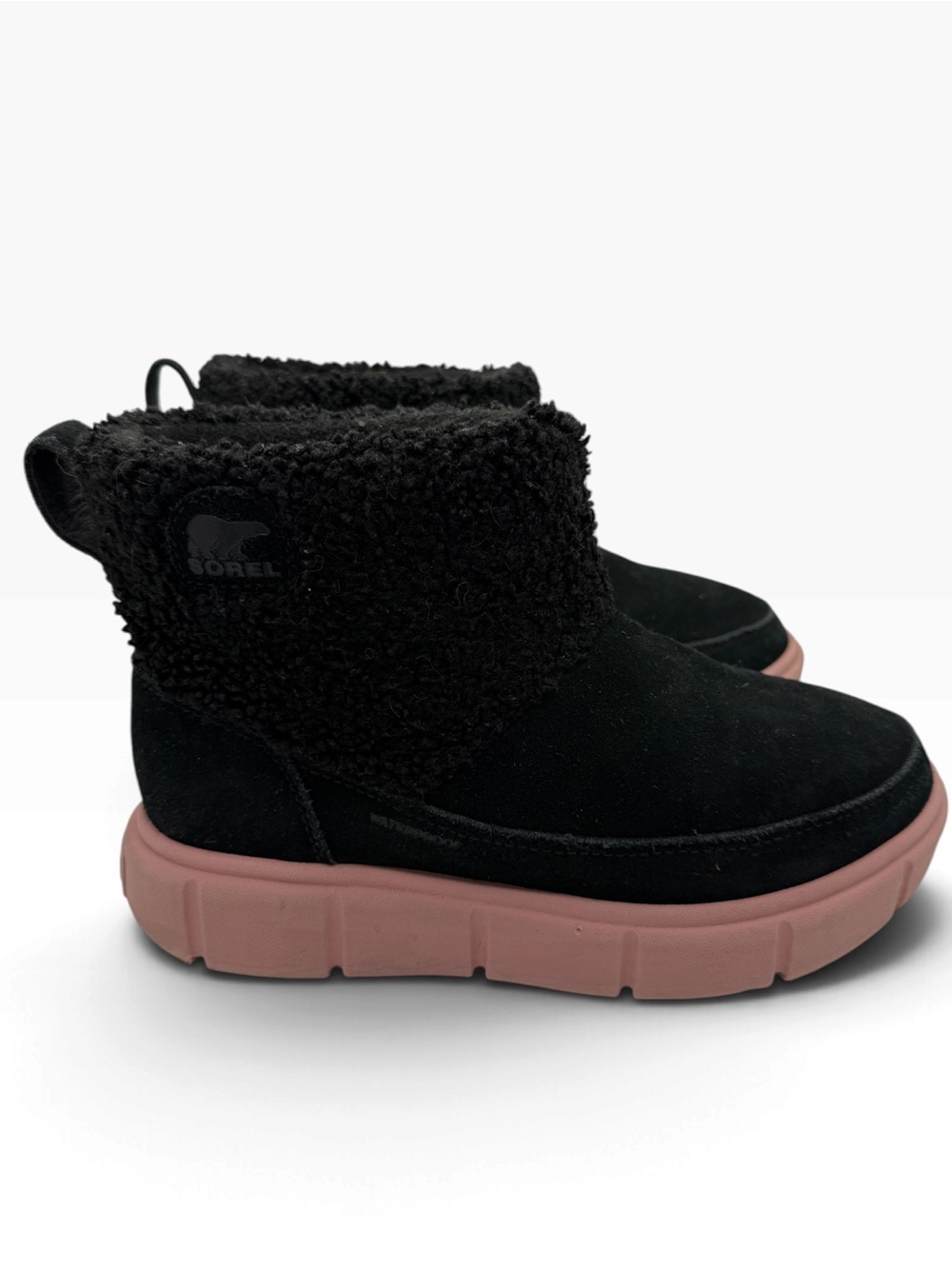 Sorel Kids Black Suede Sherpa Ankle Boots with Pink Sole - Size 3